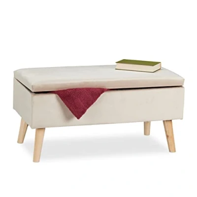 Immagine di Relaxdays Panca Contenitore, 40x41x80 cm, 40L, Seduta Imbottita, Gambe in Legno, Pouf Cassapanca, 2 Posti Comodi, Crema, Tessuto, gommapiuma, 1 pz