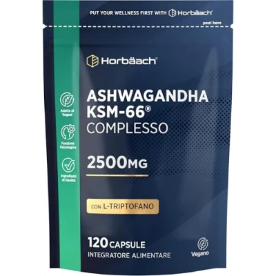 Immagine di Ashwagandha KSM 66 Complex 2500mg 120 Capsule Vegane con Triptofano + Vitamina B6 e B12 Alto Dosaggio Estratto di Pepe Nero Niacina by Horbaach