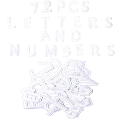 Immagine di Harsgs 72 toppe termoadesive con lettere e numeri, ricamate, dalla A alla Z, numeri 0 9, da applicare ferro stiro, per vestiti, cappelli, jeans, accessori fai te, colore: bianco