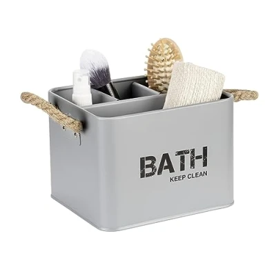 Immagine di Wenko Box da bagno con 4 scomparti, contenitore in acciaio, stampo di tendenza, manici intrecciati, ideale per e toilette gli ospiti, 19x12,5x13cm, grigio
