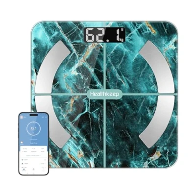 Immagine di bilance per grasso corporeo, digitali con APP, Bluetooth BMI, peso, massa muscolare, acqua, proteine, muscolo scheletrico, peso osseo, BMR