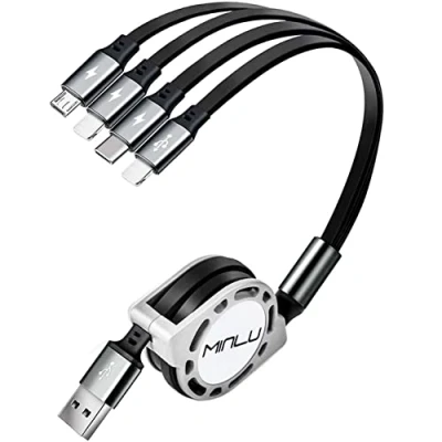 Immagine di Cavo di ricarica multiplo da 1,2m rapida USB retrattile 4A 4 in 1 con doppie 2 IP/Tipo C/Micro per telefono 13/12/Xs/Xr/X/8/7/6/se/Huawei/Samsung Galaxy/Pixel/Sony/Xiaomi/LG/HTC