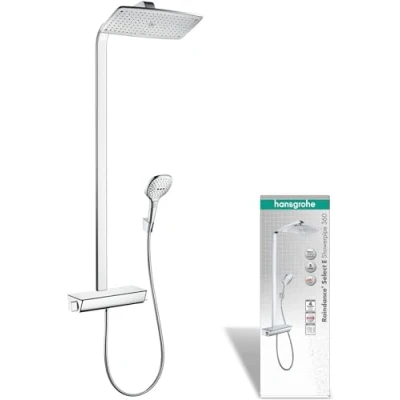 Immagine di hansgrohe Raindance e Colonna doccia con miscelatore termostatico, Sistema (360 x 190 mm) rubinetto, doccetta (3 getti), tubo, asta soffione quadrato, cromo, 27112000