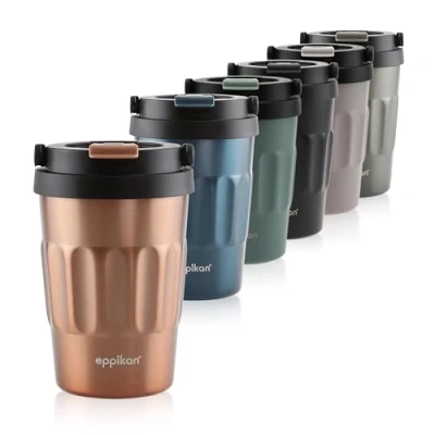 Immagine di eppikan eppiCafé Tazza termica in acciaio inox, con manico pieghevole, a prova di perdite, per caffè e tè, 400 ml (Electric Copper)