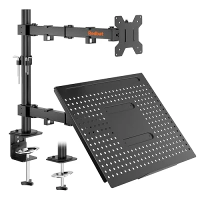 Immagine di Redbat Braccio display con vassoio per doppio schermo laptop (max 16&#039;&#039;) e LED LCD da 13 a 32 pollici 8 kg), inclinazione, rotazione, 2 opzioni di installazione