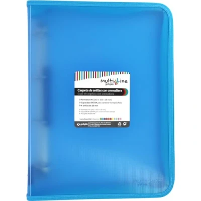 Immagine di Grafoplás Raccoglitore ad anelli con cerniera A4+ blu chiaro Multiline 4 misti 25 mm copertina in polipropilene a righe verticali Capacità extra per fogli di carta formato foglio