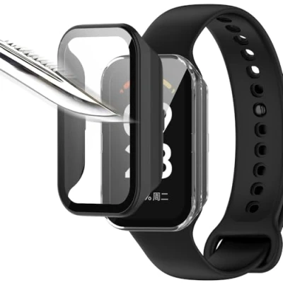 Immagine di Msiall [2 pezzi nero Transparent con Pellicola Protezione Schermo Vetro Temperato per mi band 8 active, 9H Durezza PC Case,Bumper,Sottile Case Protettiva Completa Smart active