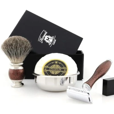 Immagine di Haryali London Kit per rasatura da 5 pezzi, rasoio di sicurezza a doppio bordo Super Badger Pennello barba Sapone Ciotola allume set color marrone antico