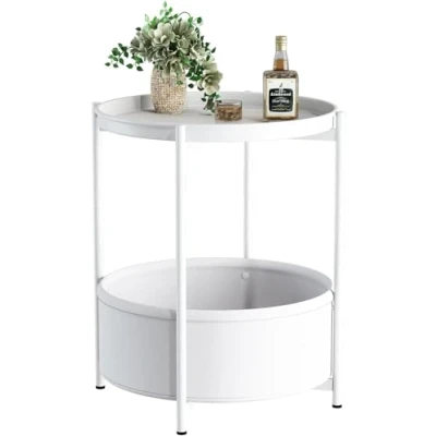 Immagine di Tavolino rotondo con cestino in tessuto, piccolo comodino, comodino per soggiorno, camera da letto, bagno, balcone, stile moderno (bianco)