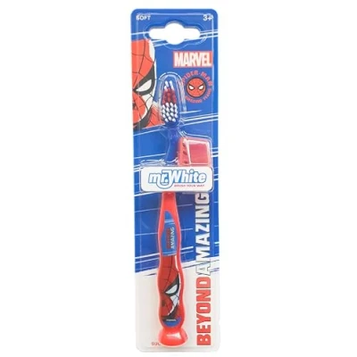 Immagine di Spazzolino da denti Spiderman con cappuccio di protezione, ventosa, manico comodo e setole morbide per bambini