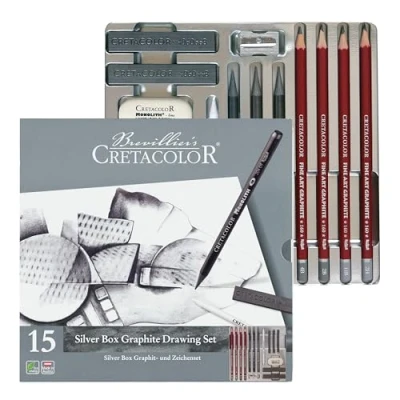 Immagine di CRETACOLOR Silver Box Graphite Drawing Set, set da disegno in grafite, 15 pezzi, per principianti e professionisti, custodia metallo, incl. Gomma