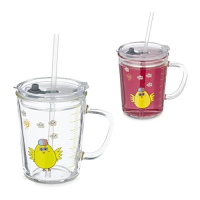 Immagine di Relaxdays Set da 2 Tazze per Bambini, Vetro, Silicone, ABS, con Cannuccia, Manico e Tappo, 400 ml, Pulcino, Trasparente