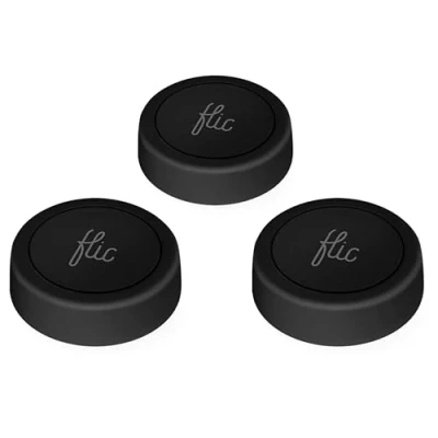 Immagine di Pulsante Flic Nero Confezione da 3: Controlla luci, musica e altro con pressione, doppia mantenimento. Compatibile Alexa, HomeKit, Matter. Configurazione via app, Bluetooth/Wi Fi.