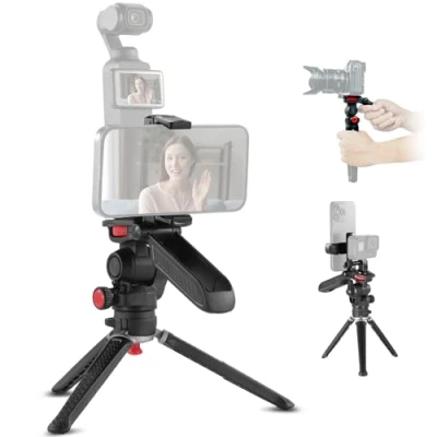 Immagine di NEEWER Mini Treppiede per Fotocamera Manico/Supporto Smartphone/Adattatore Action Camera, 360 Pan &amp; Asta Selfie Vlog Presa Stabile Compatibile con DJI Osmo Pocket 3 insta360 iPhone DSLRs, TS003