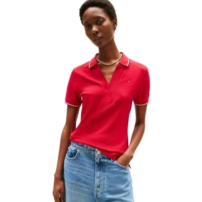 Immagine di Tommy Hilfiger Donna Maglietta Polo Maniche Corte Open Slim Fit, Multicolore (Medium Red), S