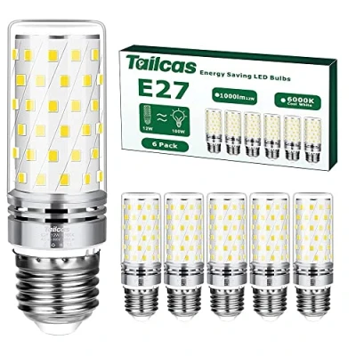 Immagine di Tailcas Lampadine LED E27 12W 6 pezzi, 1000lm Mais Lampadina E27, Bianco Freddo 6000K, Equivalente 100W Lampada Alogena, Non Dimmerabile Nessun Sfarfallio Risparmio Energetico Lampade(Luce Fredda)