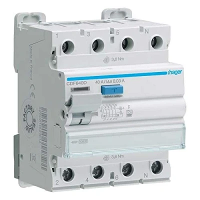 Immagine di Hager Interruttore di corrente residua CDF640D 4p 10kA 40A 30mA F 3250611621614