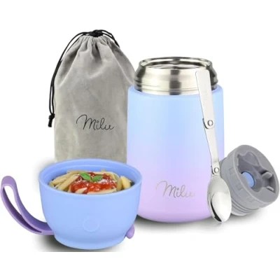 Immagine di Milu Thermo per Alimenti 650 ml Contenitore Termico di Acciaio Inossidabile, Isotermico Sottovuoto Cibi Caldi e Freddi (Viola Blu, 650ml)