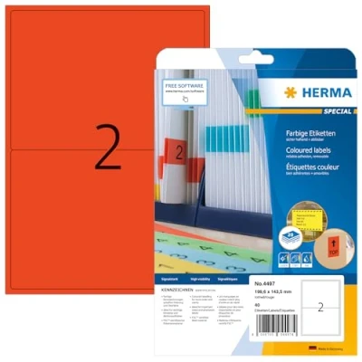 Immagine di HERMA Etichette per Marcatura, 199,6 x 143,5 mm, Adesive A4 Stampante, 2 Foglio, Rosso