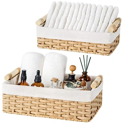 Immagine di GRANNY SAYS Cestini Bagno Portaoggetti, Set di 2 Vimini da Scaffale, Cestino Piccolo, Portaoggetti con Manici in Legno, Cesti Ceste Vimini, Giallo