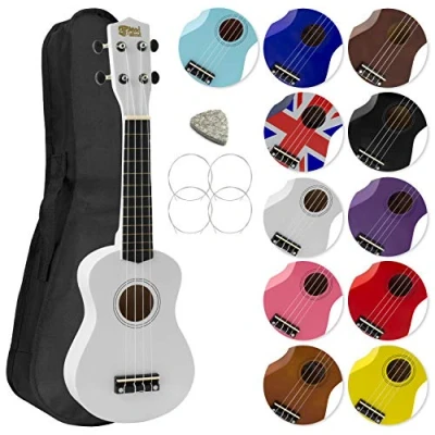 Immagine di Mad About SU8 WH Ukulele soprano in bianco con custodia morbida, plettro e corde di ricambio, Ora dotato carbonio nere che offrono un suono più brillante