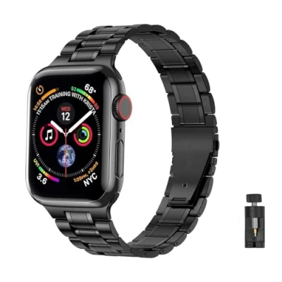 Immagine di Metallo Cinturino Compatibile con Cinturini Apple Watch,42 mm/44 mm/45 mm/49 mm,Cinturino Classico Solid Men Watch in Chiusura Deployante Cinturino, Acciaio Inossidabile,Nero