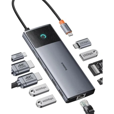 Immagine di Baseus Docking Station Dual Monitor,10 Gbps 10 in 1 con 2 HDMI Single 4K @120Hz, @ 60 Hz, USB A e C, Gigabit Ethernet PD 100 W per iPhone 15/Dell/HP/Lenovo più