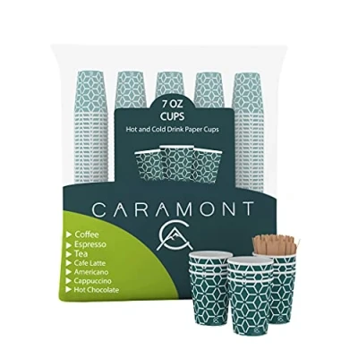Immagine di Caramont,7 oz,Bicchieri di Carta,400 Pz con Palettine In Legno,Ecologici e Usa Getta,Resistenti al Calore,Ideali per Caffè,Tè,Compleanni,etc.