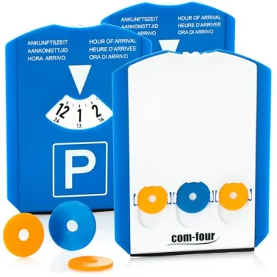 Immagine di com four® Disco orario 3X con Raschietto per Ghiaccio, Labbro in Gomma e 3 Chip Carrello della Spesa parchimetro plastica (03 Pezzi di parcheggio Chip)
