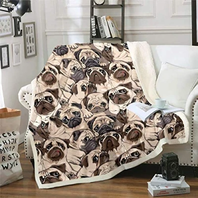 Immagine di coperta in pile per bambini, con motivo animale, carlino, divano e a tema colore marrone, flanella, 152,4 x 200,7 cm