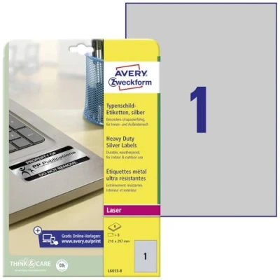 Immagine di Avery Zweckform L6013 8 Etichetta per cartellini e targhette 210 x 297 mm Pellicola in poliestere Argento pz. A tenuta permanente Stampante laser,