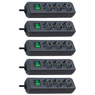 Immagine di Brennenstuhl Eco Line Ciabatta elettrica a 3 prese con protezione per bambini, interruttore e cavo da 5 m, colore: Nero (5 pezzi)