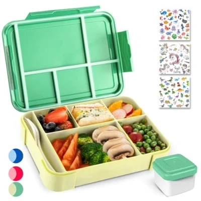 Immagine di PUWOWYE Lunch Box, Porta Pranzo con Posate, 1330ml Bambino Adulto Bento Box 5 Scomparti, Schiscetta Contenitore per Microonde Lavoro Picnic Ufficio, Senza BPA(Verde)