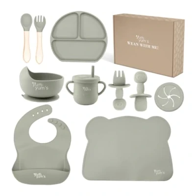 Immagine di Bpa Free Silicone Feeding Set presented by Yum Yum&#039;s Suction Bowl Baby Weaning Wooden Spoon and Fork Cup Divided Plate Easy to Clean Regolabile For Toddlers