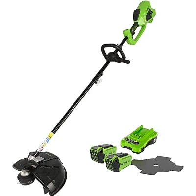 Immagine di Greenworks 40V Decespugliatore a Batteria con motore Brushless, Imbracatura, Altezza Regolabile, Ampiezza Taglio 40cm, Filo Nylon 2mm, Lama 25cm, 2 Batterie e Caricabatterie GD40BCK2X