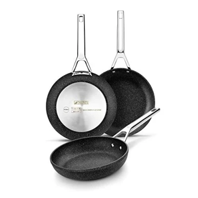 Immagine di Monix Mineral Set di 3 Padelle, da 18, 22, 26 Cm, Alluminio Forgiato con Antiaderente, Finitura Effetto Pietra, Senza PFOA, Adatte per Tutti i Tipi Fornelli, inclusa induzione