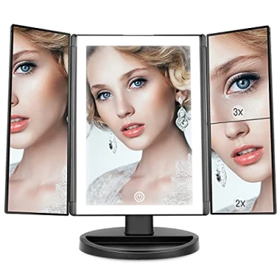 Immagine di WEILY Specchio per il Trucco con Luce, Cosmetico Triplo Ingrandimento 2X/3X, 36 Luci a LED e due Modalità di Alimentazione da Tavolo