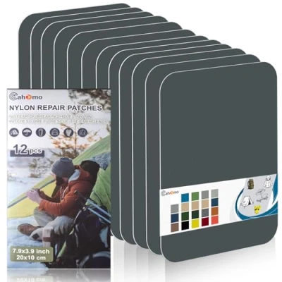 Immagine di Toppe autoadesive in Nylon, 12 Pezzi 20X10 cm Cahomo toppa adesiva per tessuti, Patch di riparazione impermeabile, piumino, tenda, sacco a pelo Grigio Scuro