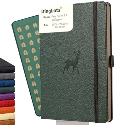 Immagine di Dingbats Quaderno Medio A Righe Con Animali Selvatici, Cervo Verde, A5 Pelle Pu Carta Perforata, Color Crema 100 G/mq Prova Di Inchiostro