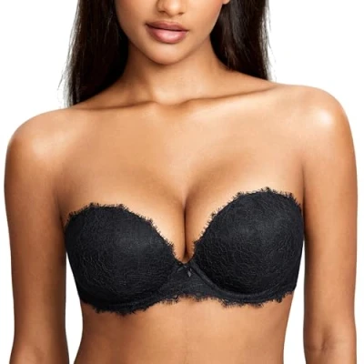Immagine di DOBREVA Donna Reggiseno A Fascia Push Up Pizzo con Ferretto Plunge Imbottito Nero 2C