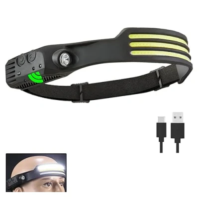 Immagine di Lampada frontale con sensore COB LED, torcia ricaricabile tramite USB, 5 modalità di illuminazione, luce (COB 3 bianco)