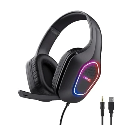 Immagine di Trust Gaming GXT 419 Rayne Cuffie Leggere per PC/Console, Illuminazione LED Alimentata via USB, Driver da 50 mm, Jack Audio 3.5 con Microfono Over Ear Computer Portatile, Nero
