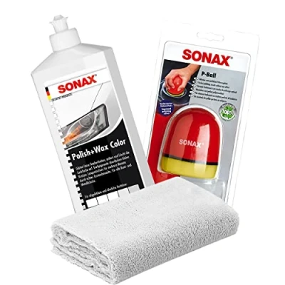 Immagine di detailmate Set con lacca per lucidare Sonax Polish, colore bianco, 500 ml, spugna ergonomica lucidatura a mano e panno in microfibra da 40 x cmsenza cuciture, 550 g/m²