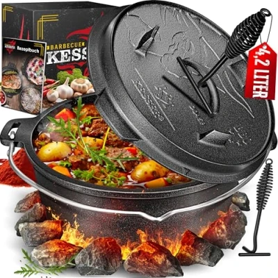 Immagine di KESSER® Set Forno Olandese, Casseruola per Barbecue, pentola in ghisa con Manico Sollevare Il Coperchio e Fessura termometro, gulasch, Uso Esterno Interno