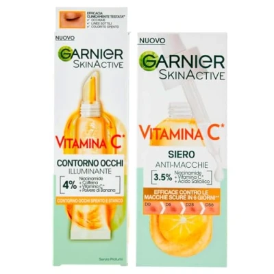 Immagine di Garnier SkinActive Siero Viso Anti Macchie Vitamina C con Niacinamide e Acido Salicilico 30ml + Crema Contorno Occhi Illuminante Occhiaie Formula Vegana Caffeina Polvere di Banana 15ml