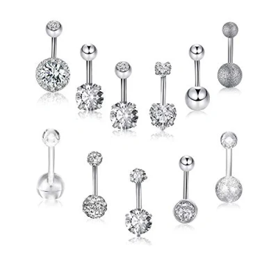 Immagine di 12 Pezzi 14G Anelli con Ombelico Acciaio Inossidabile Navel CZ Gioielli Intarsiati per Il Piercing al Bilanciere, Stili (Colore Set 1)