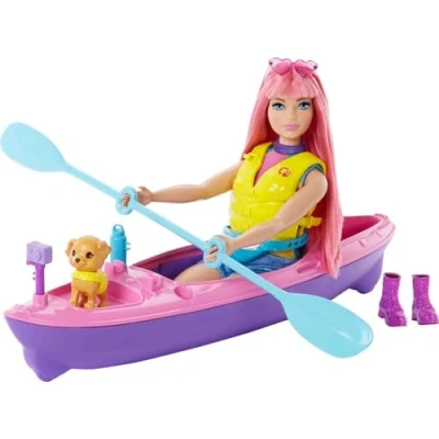 Immagine di Barbie Siamo in Due Playset Campeggio con Bambola Daisy Curvy Capelli Rosa da 29,2 cm, Cagnolino, Kayak e Accessori Campeggio, Giocattolo per Bambini 3+ Anni, HDF75
