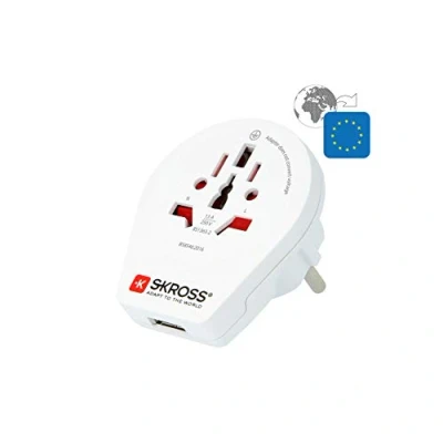 Immagine di Skross By Poly Pool Sk500260 Adattatore da Viaggio con 1 USB Spina Schuko / Franco Tedesco Euro Plug e Presa Universale World To Europe