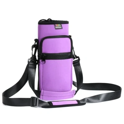 Immagine di Nuovoware Borsa per Borraccia in Neoprene da 25oz/710ml, Custodia Bottiglia con Tracolla Regolabile Maniglia e 2 Tasche Portatile Porta Ciclismo, Campeggio, Viola