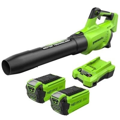 Immagine di Greenworks GD40ABK2X Soffiatore Foglie Assiale a Batteria con Motore Brushless, 210km/h, 15,6m3/min, Due Batterie da 40V 2Ah e Caricabatterie, Garanzia 3 Anni